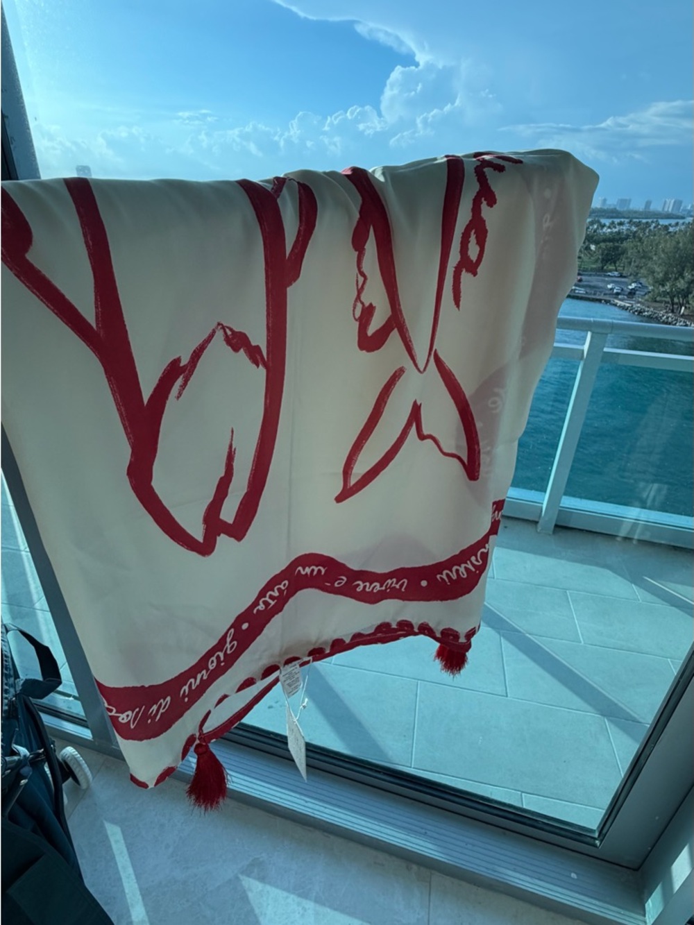 Swim Coverup Scarf with Red Tassel Trim